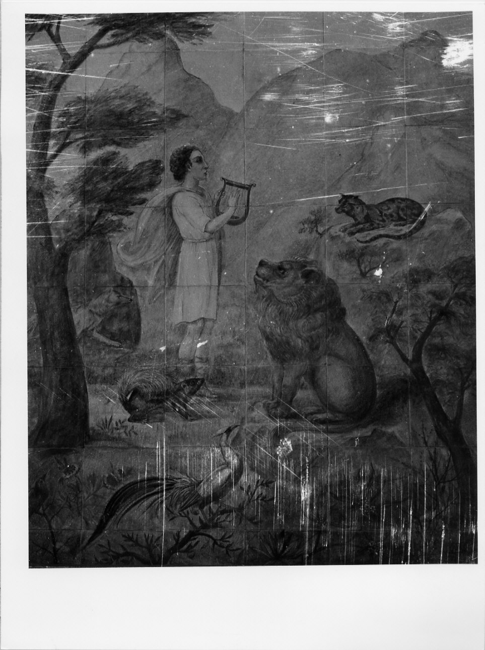 Orfeo incanta gli animali con la musica (piastrella, opera isolata) di Trucco Manlio (sec. XX)