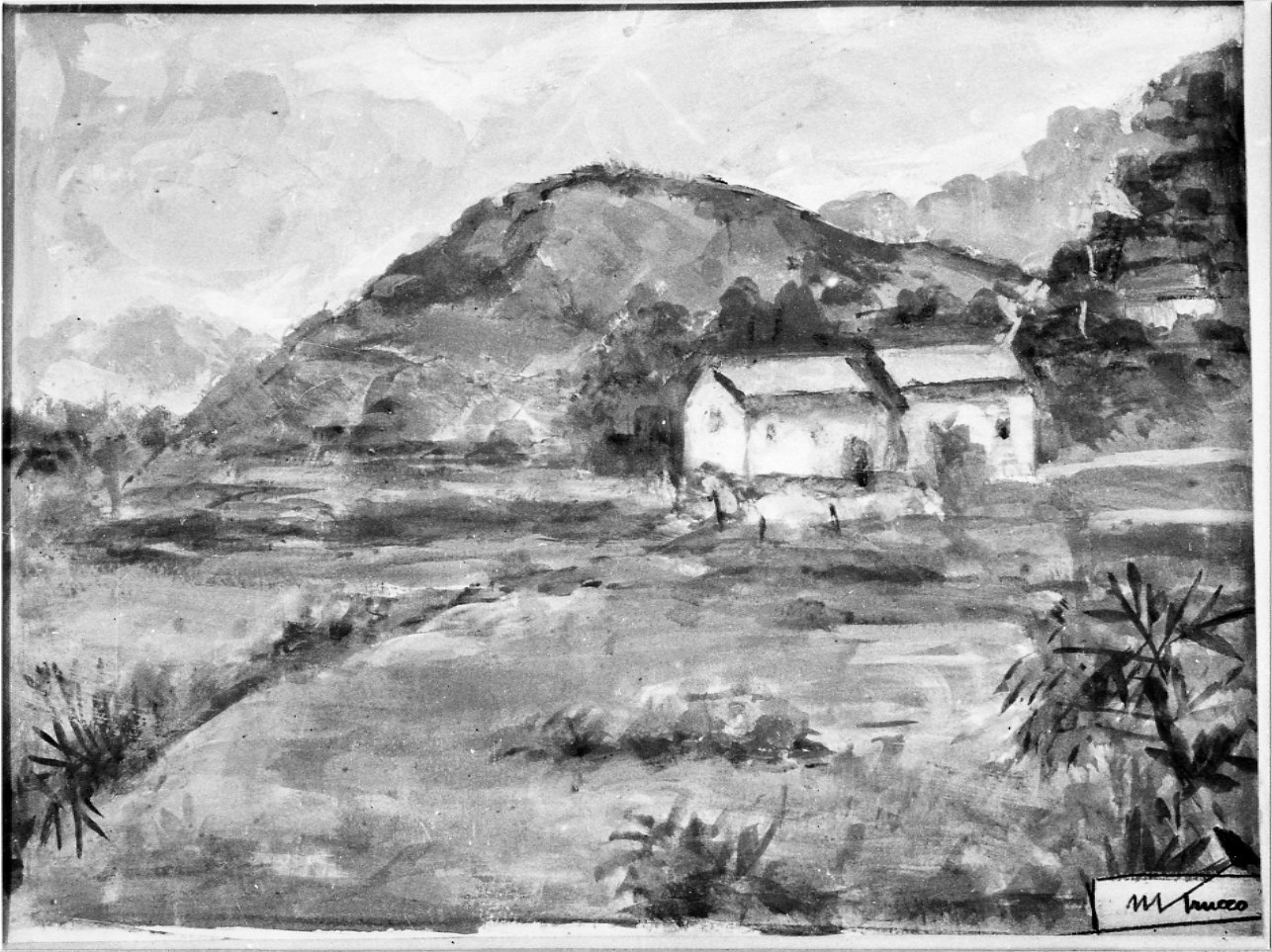 Casetta rosa in Grana, paesaggio rurale (dipinto, opera isolata) di Trucco Manlio (sec. XX)