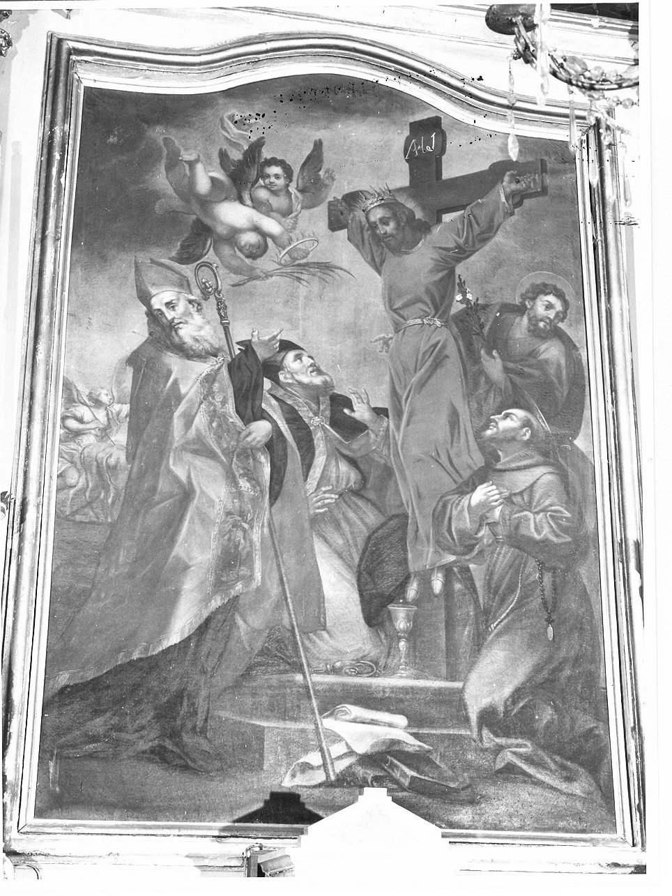 Volto Santo con San Giuseppe, San Francesco d'Assisi e santi vescovi (dipinto, opera isolata) - ambito italiano (sec. XIX)