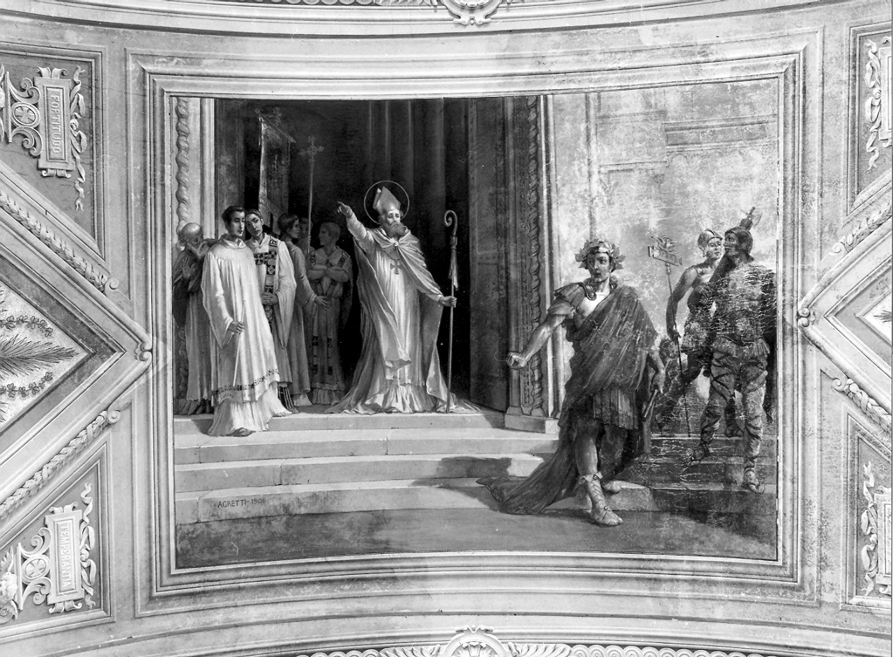 Sant'Ambrogio rifiuta l'ingresso in chiesa all'imperatore Teodosio (dipinto, complesso decorativo) di Agretti Luigi (sec. XX)