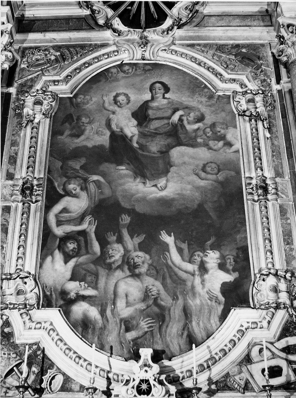 Madonna con personaggi che implorano il suo aiuto (dipinto, elemento d'insieme) - bottega ligure (sec. XVIII)