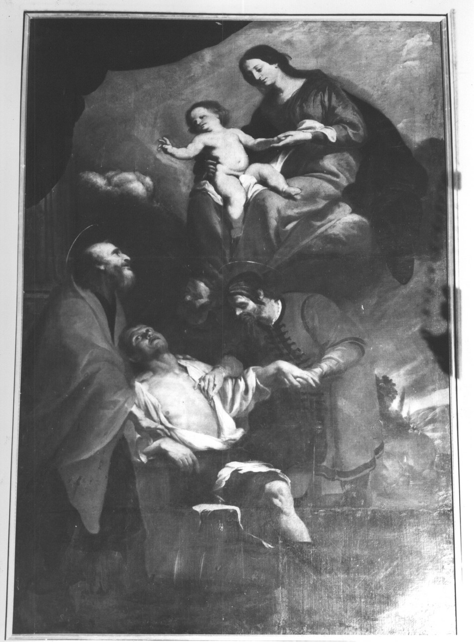 Madonna con Bambino e Santi Cosma e Damiano che guariscono un infermo (dipinto, opera isolata) di De Ferrari Orazio (attribuito) (sec. XVII)