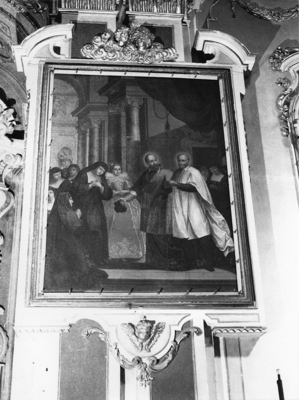 Incontro di Giovanna Freniot da Chantal con San Vincenzo de' Paoli e San Francesco di Sales (dipinto, opera isolata) - ambito italiano (secc. XVIII/ XIX)