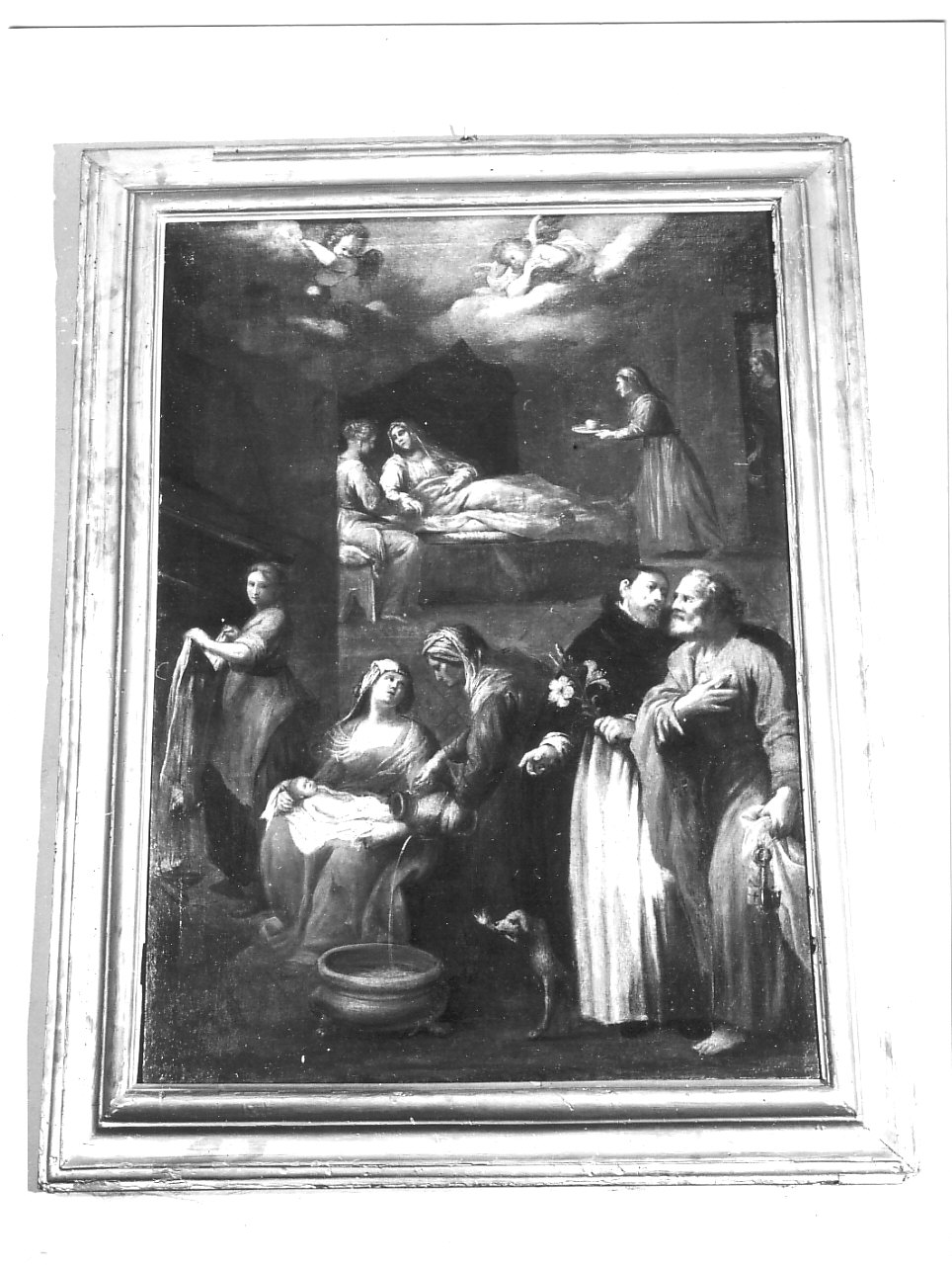 nascita di Maria Vergine con San Domenico e San Pietro (dipinto, opera isolata) di Carlone Giovanni Battista (attribuito) (terzo quarto sec. XVII)