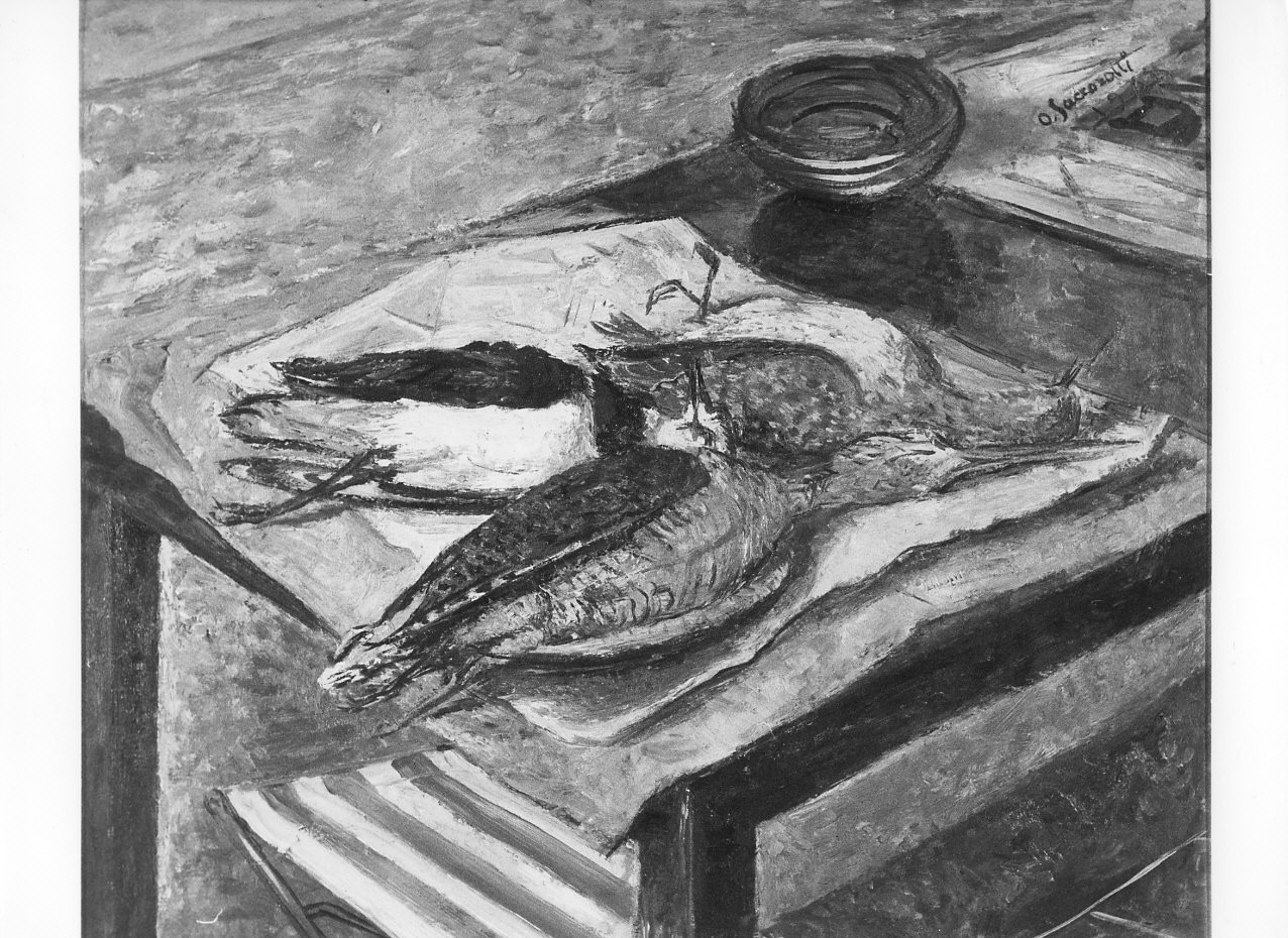 Uccelli, natura morta con cacciagione (dipinto, opera isolata) di Saccorotti Oscar (sec. XX)