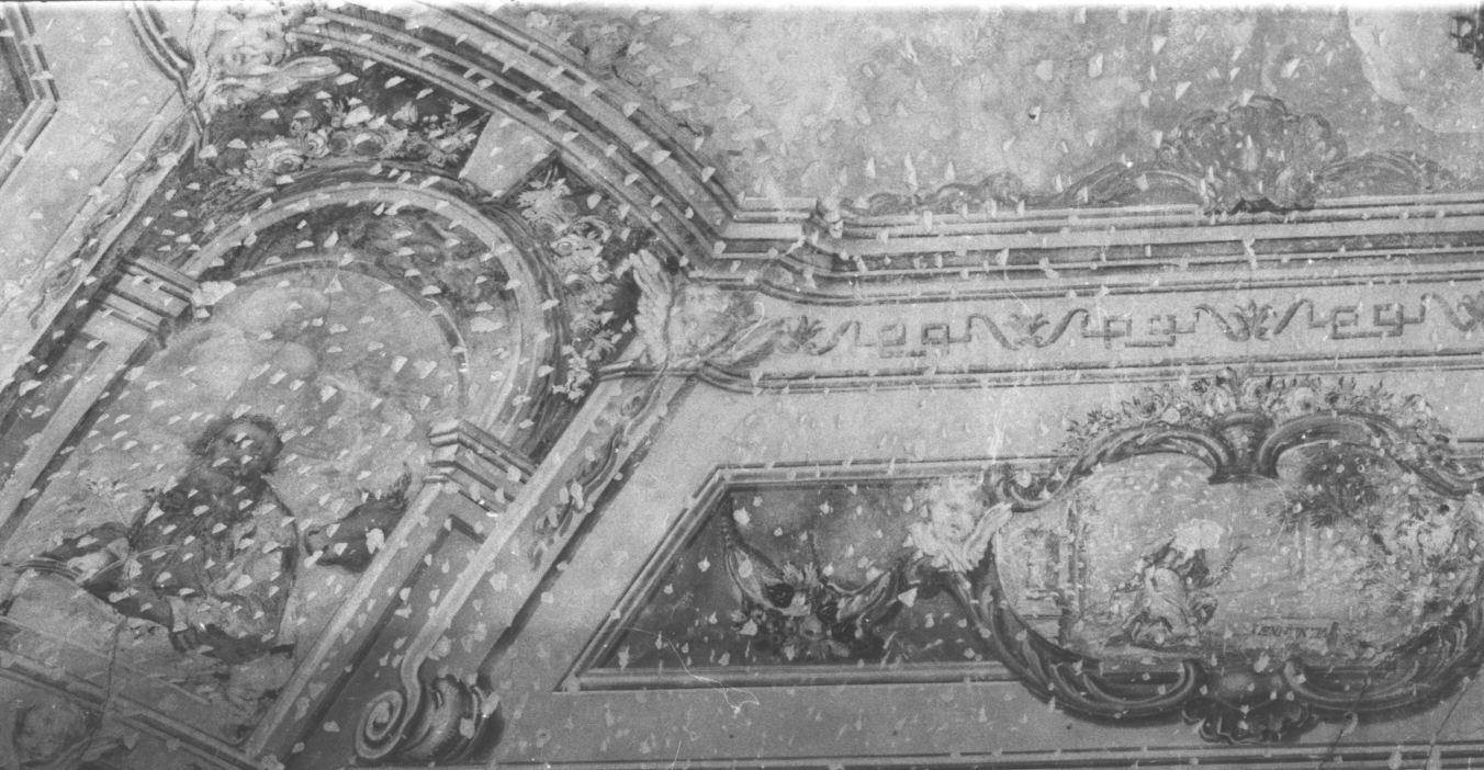 figura maschile inginocchiata/ cornice architettonica con motivi decorativi e figure (decorazione pittorica, elemento d'insieme) - ambito ligure (sec. XVII)