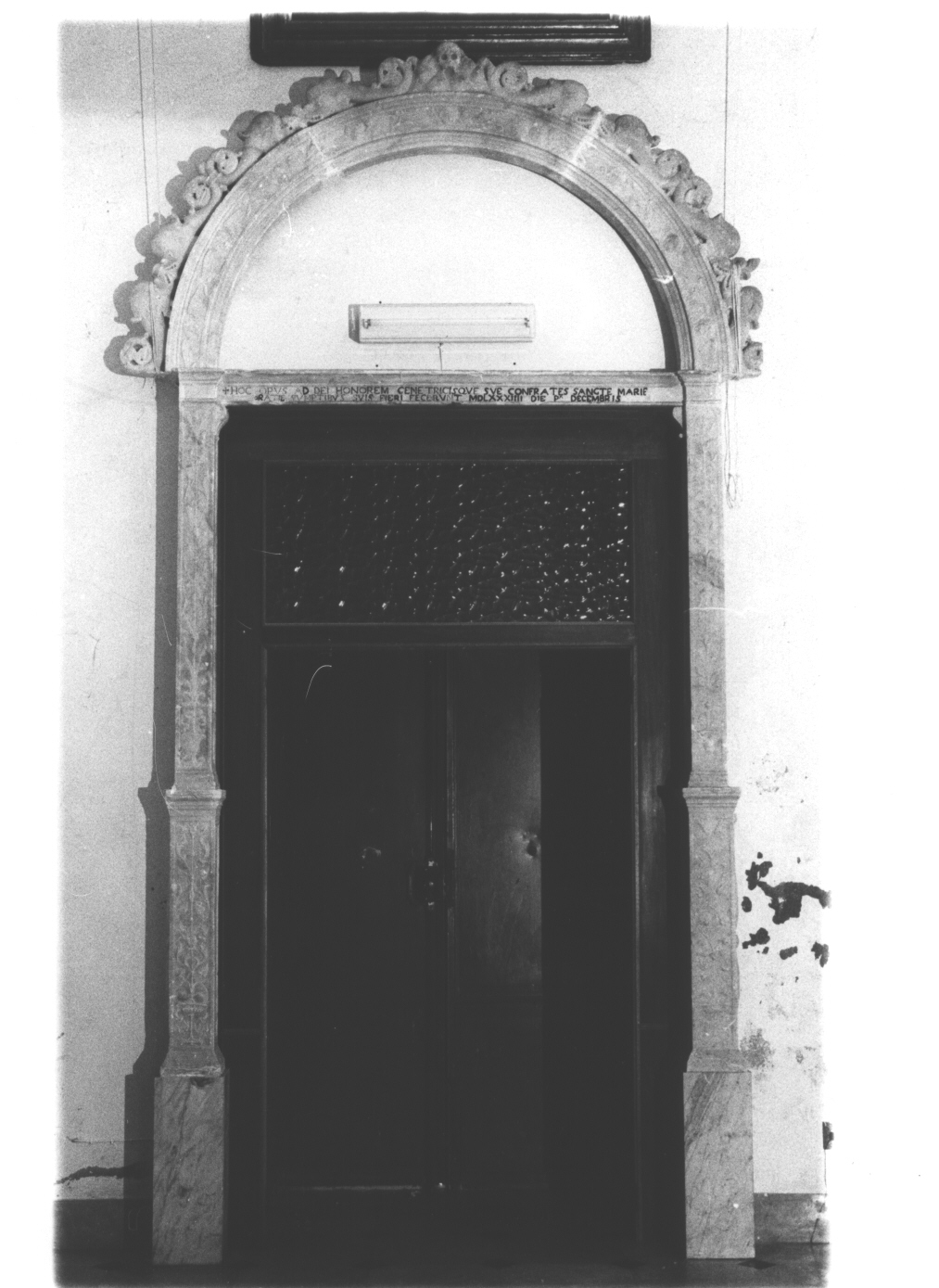 motivi decorativi vegetali/ motivi decorativi a volute/ cherubini/ delfini/ simboli eucaristici/ teschio (portale - ad arco, insieme) - bottega ligure (sec. XVI)