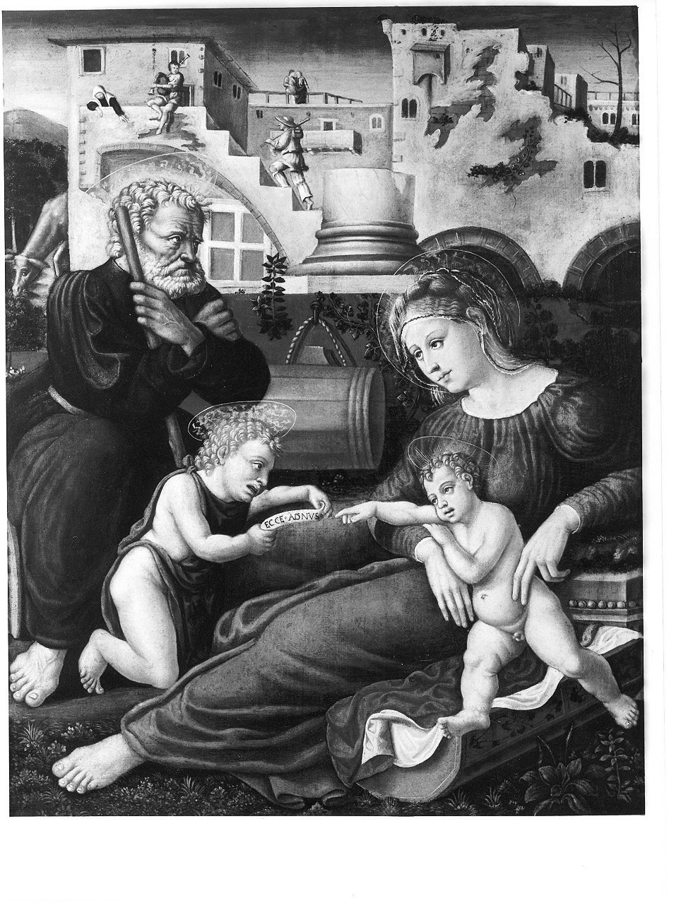 Sacra Famiglia con San Giovanni Battista bambino (dipinto, opera isolata) di Dossi Battista (cerchia) (secondo quarto sec. XVI)