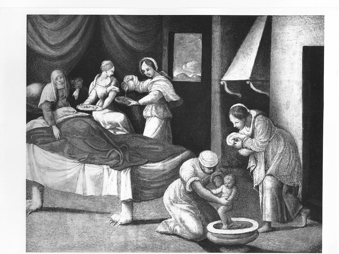 nascita di Maria Vergine (scomparto di predella, opera isolata) di Degli Azani Vincenzo (cerchia) (secondo quarto sec. XVI)