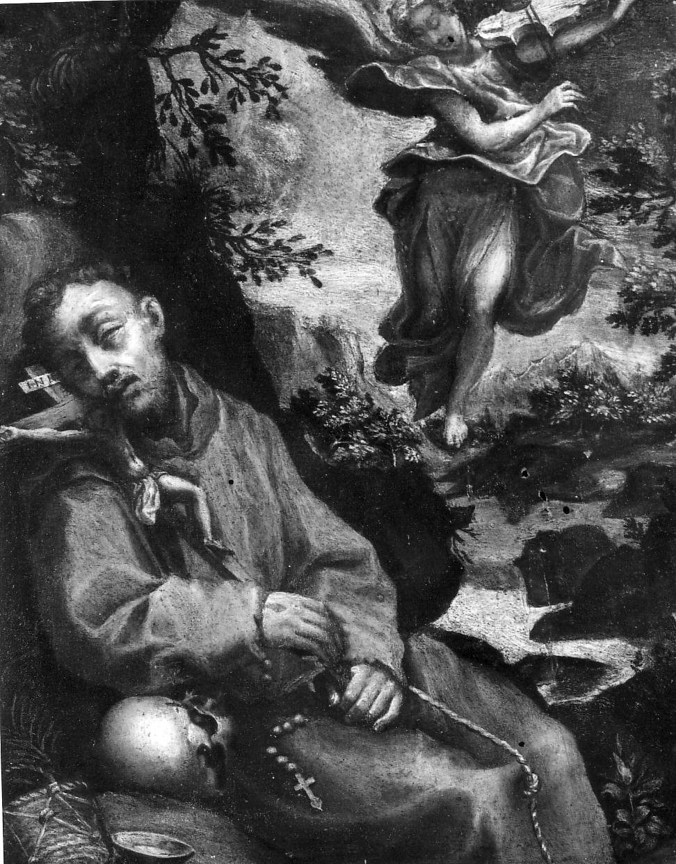 San Francesco d'Assisi morente ha la visione dell'angelo che suona il violino (dipinto, opera isolata) - ambito italiano (secc. XVI/ XVII)