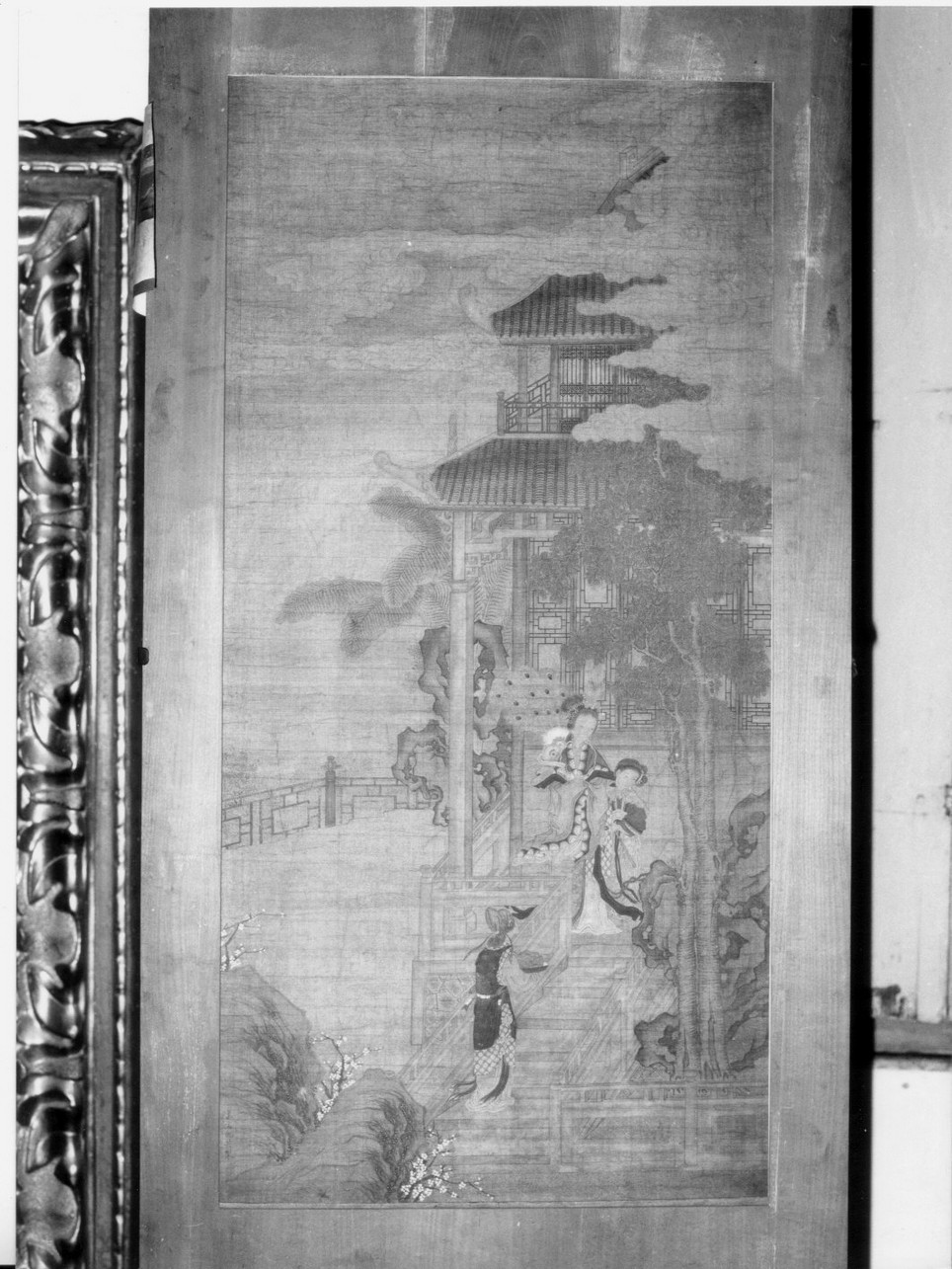 scena di corte su una terrazza con lanterne (pannello, elemento d'insieme) di Bao Fu Chou Ying (fine/ inizio secc. XVIII/ XIX)