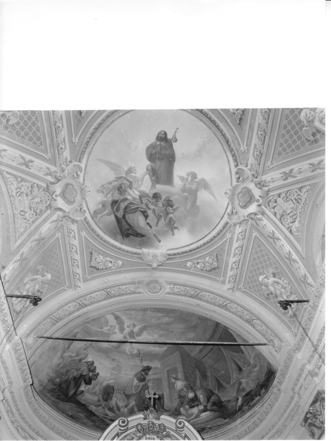 San Rocco guarisce gli appestati/ gloria di San Rocco/ Madonna con Bambino e angeli (decorazione pittorica, insieme) di Gambini Rodolfo (sec. XX)