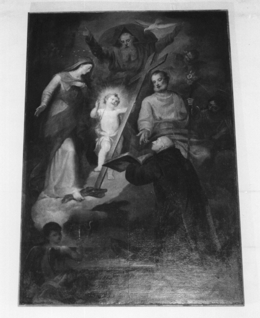 San Benedetto offre alla Trinità, alla Madonna, San Giuseppe la Regola del suo Ordine (dipinto, opera isolata) di Campora Francesco (metà sec. XVIII)
