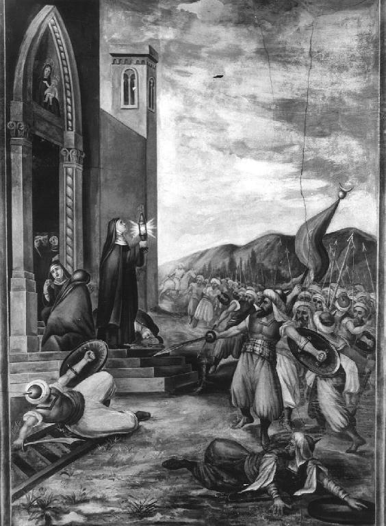 Santa Chiara respinge i saraceni con l'ostensorio (dipinto, opera isolata) di Multedo Oldoino, Anconi Egidio (sec. XIX)