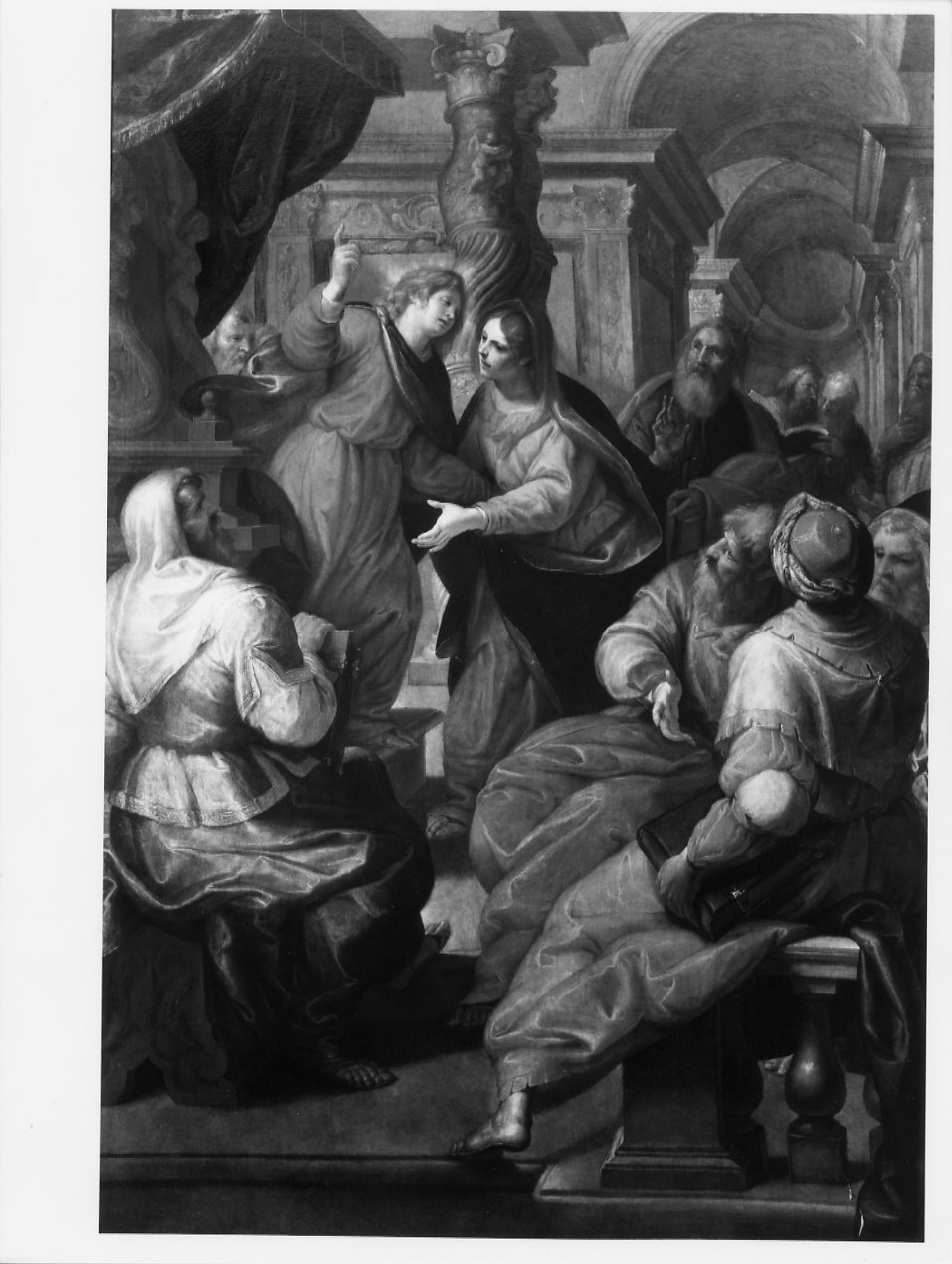 Predica di Gesù ai dottori nel tempio, Ritrovamento di Gesù al tempio (pala d'altare, opera isolata) di Ansaldo Giovanni Andrea (secondo quarto sec. XVII)