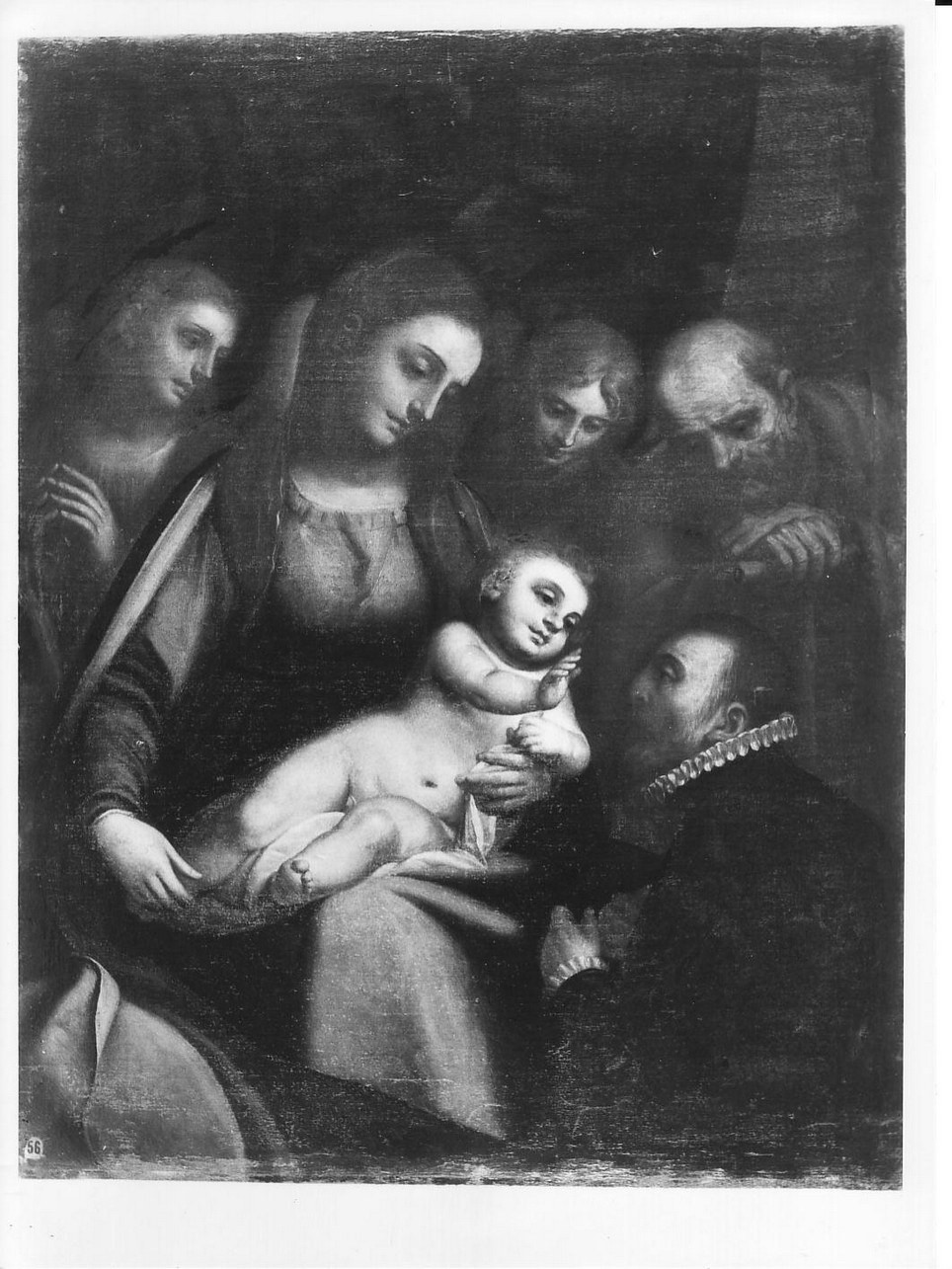 Sacra Famiglia con una Santa, un angelo e donatore (dipinto, opera isolata) di Cambiaso Luca detto Luchetto (sec. XVI)