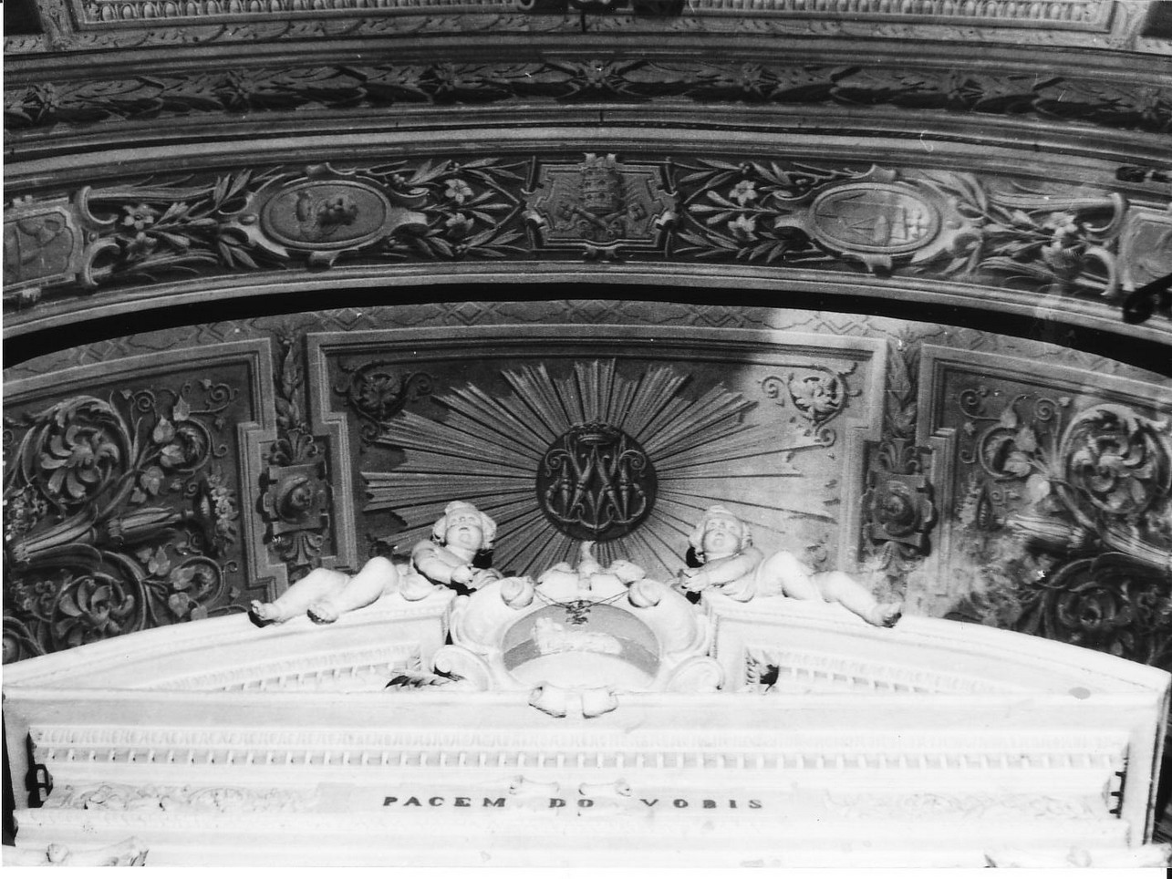 monogramma mariano/ motivi decorativi vegetali (decorazione pittorica, complesso decorativo) di Buscaglia Domenico (sec. XIX)
