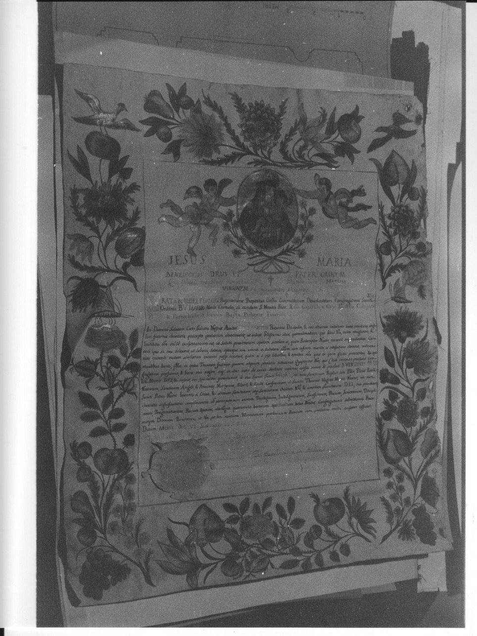 motivi decorativi vegetali con uccelli/ Madonna con Bambino e angeli (diploma, opera isolata) - bottega ligure (sec. XVIII)