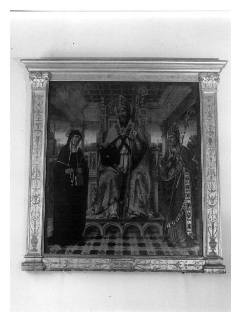 Sant'Agostino in trono tra Sant'Ambrogio e Santa Monica (dipinto, opera isolata) di Baudo Luca detto Luca da Novara (fine sec. XV)