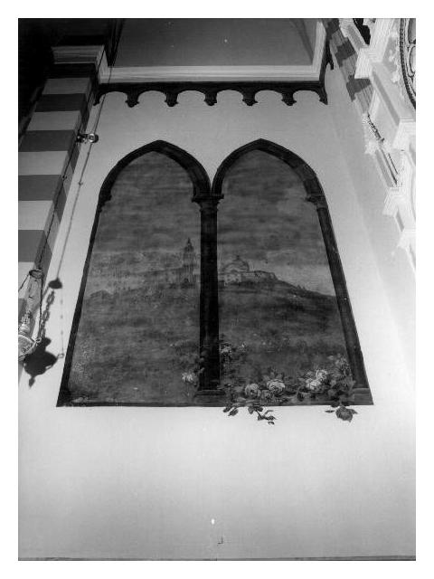 Veduta di Chiesa con motivi decorativi floreali (rose), veduta di chiesa (dipinto, elemento d'insieme) di Mercatelli Luigi (primo quarto sec. XX)