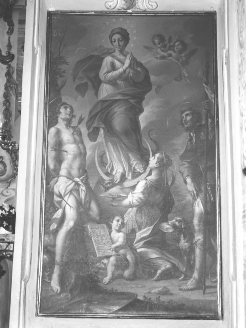 L'IMMACOLATA CONCEZIONE CON SAN SEBASTIANO, SAN ROCCO E SANTA LUCIA (dipinto, opera isolata) di Ratti Giovanni Agostino (metà sec. XVIII)