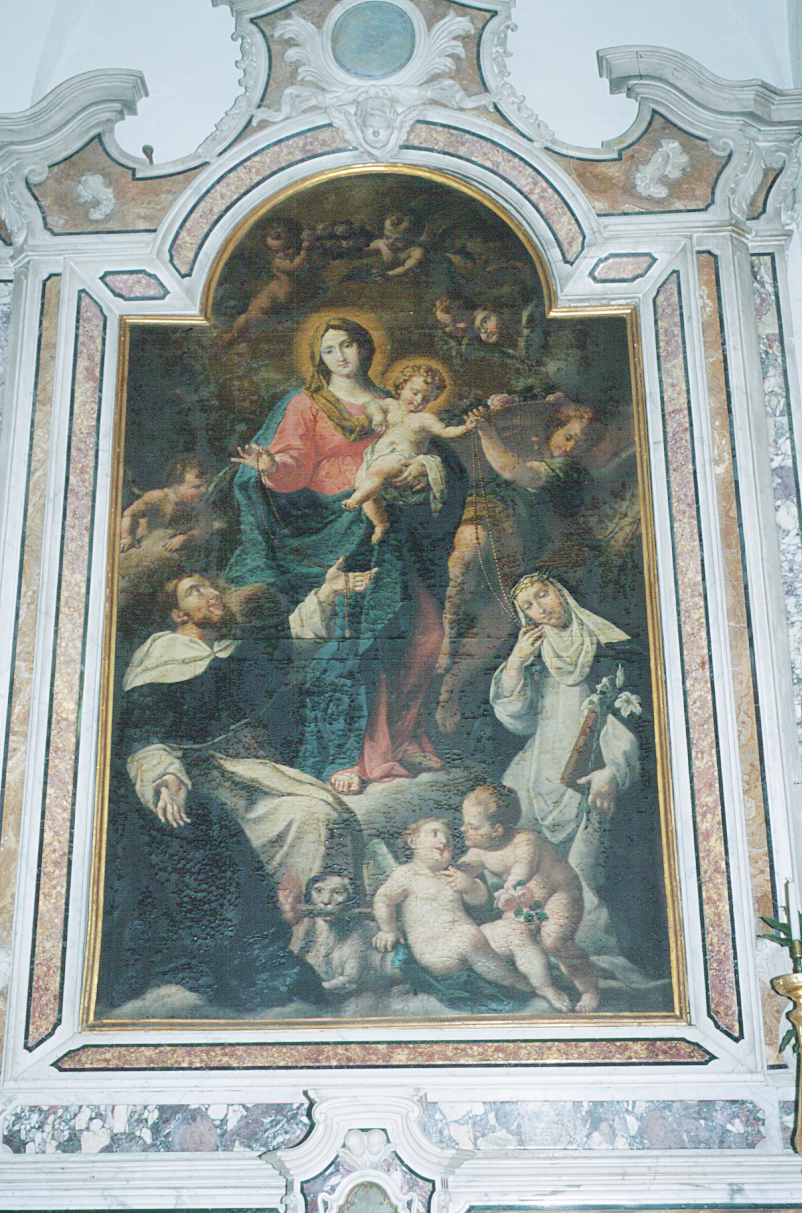 Madonna del Rosario con San Domenico e Santa Caterina da Siena (pala d'altare, opera isolata) di Carrega Francesco (bottega) (metà sec. XVIII)