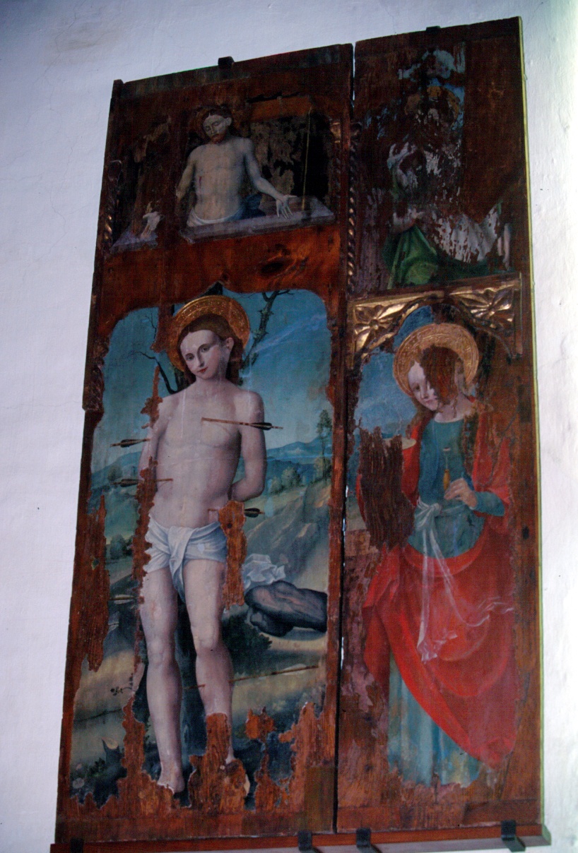 San Sebastiano/ Santa Lucia/ Cristo che risorge coi simboli della passione (polittico, opera isolata) di Macario Emanuele (seconda metà sec. XVI)
