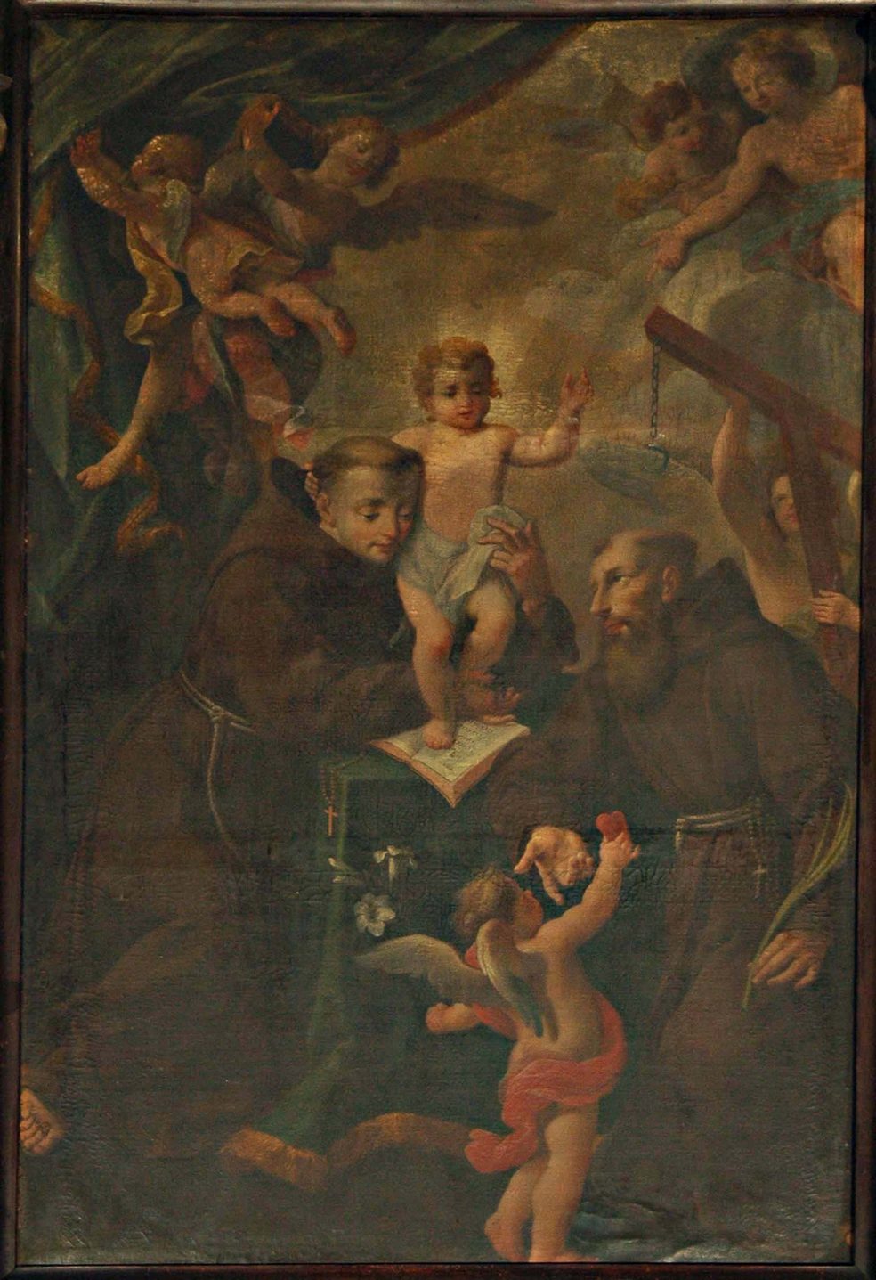 GESU' BAMBINO TRA I SANTI FRANCESCO D'ASSISI E FELICE DA CANTALICE (dipinto, opera isolata) - ambito genovese (metà sec. XVII)