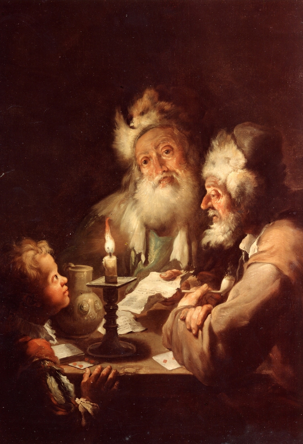 DUE VECCHI E UN FANCIULLO INTORNO A UN TAVOLO (dipinto, opera isolata) - bottega fiamminga (prima metà sec. XVII)