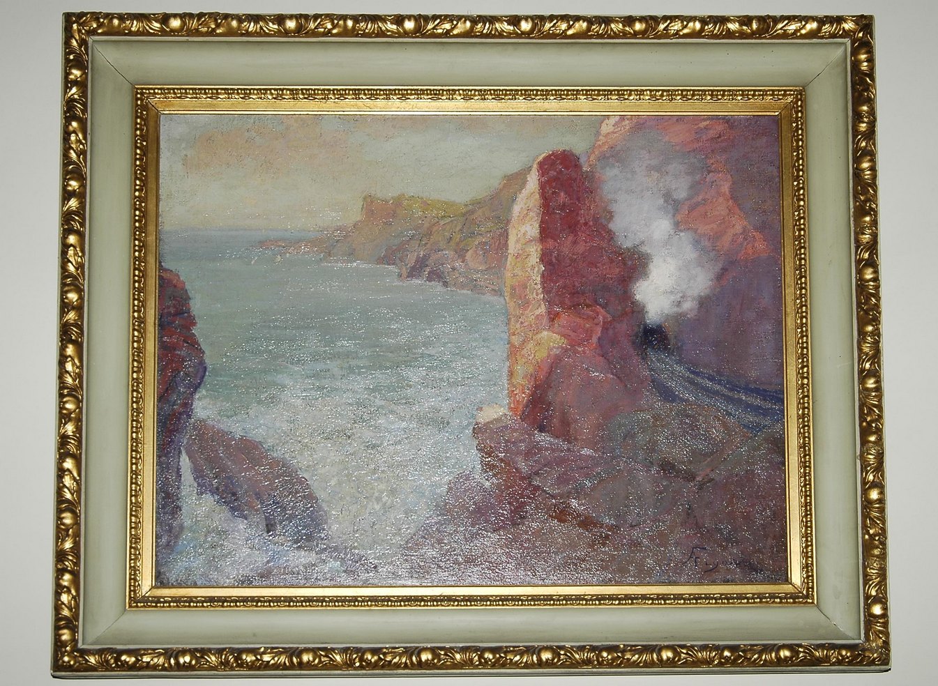 Paesaggio costiero con ferrovia (dipinto, opera isolata) - ambito italiano (seconda metà sec. XIX)