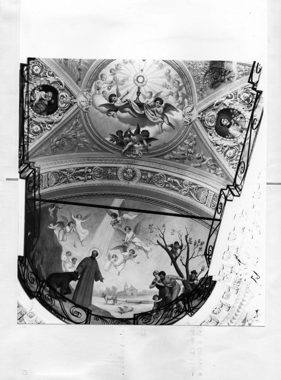 ostensorio sorretto da due angeli / San Colombano ammaestra l'orso (dipinto, complesso decorativo) di Gainotti Luigi (sec. XX)