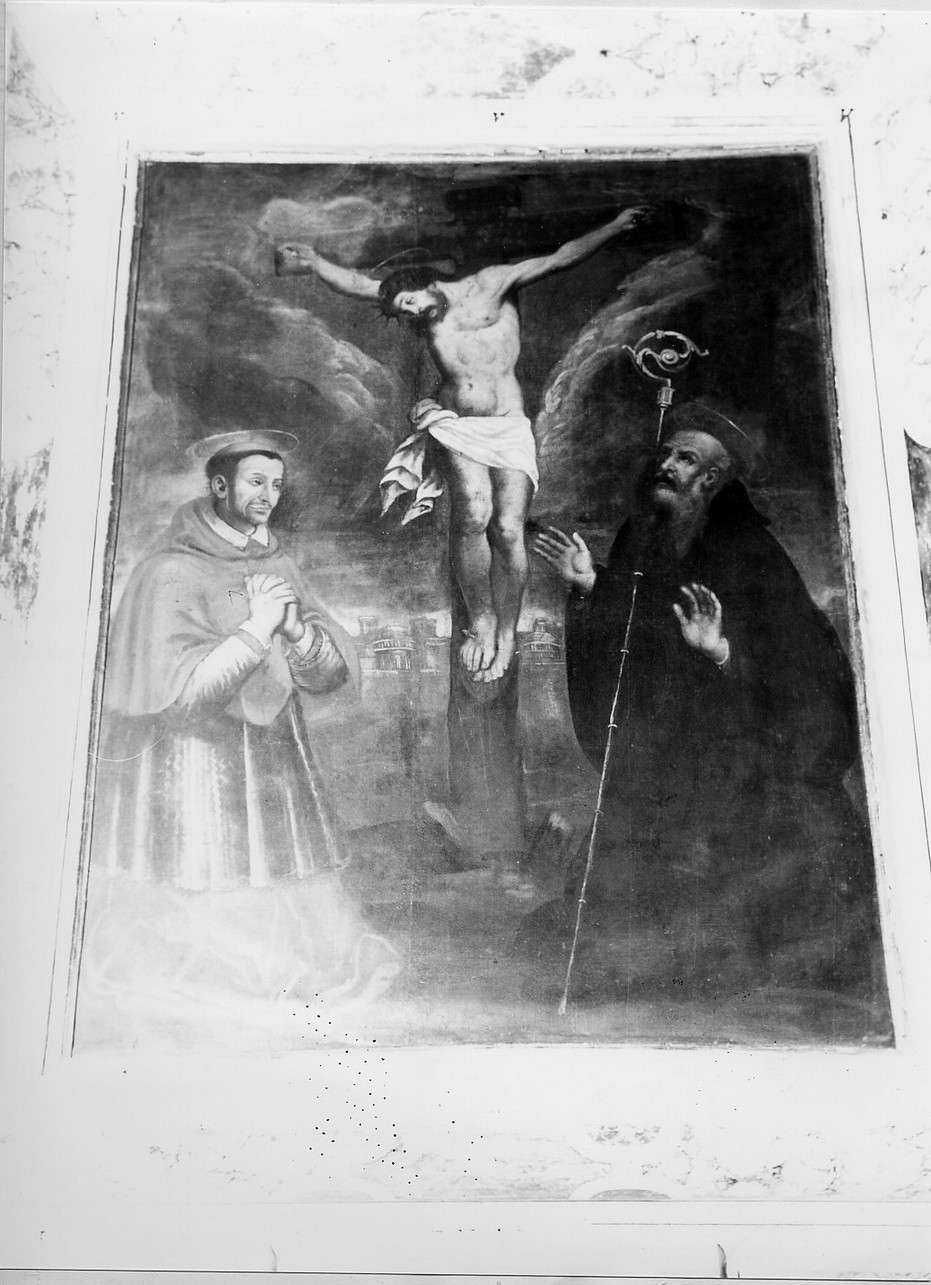 crocifissione di Cristo con Sant' Antonio Abate e San Carlo Borromeo (dipinto, elemento d'insieme) - ambito ligure (sec. XVIII)
