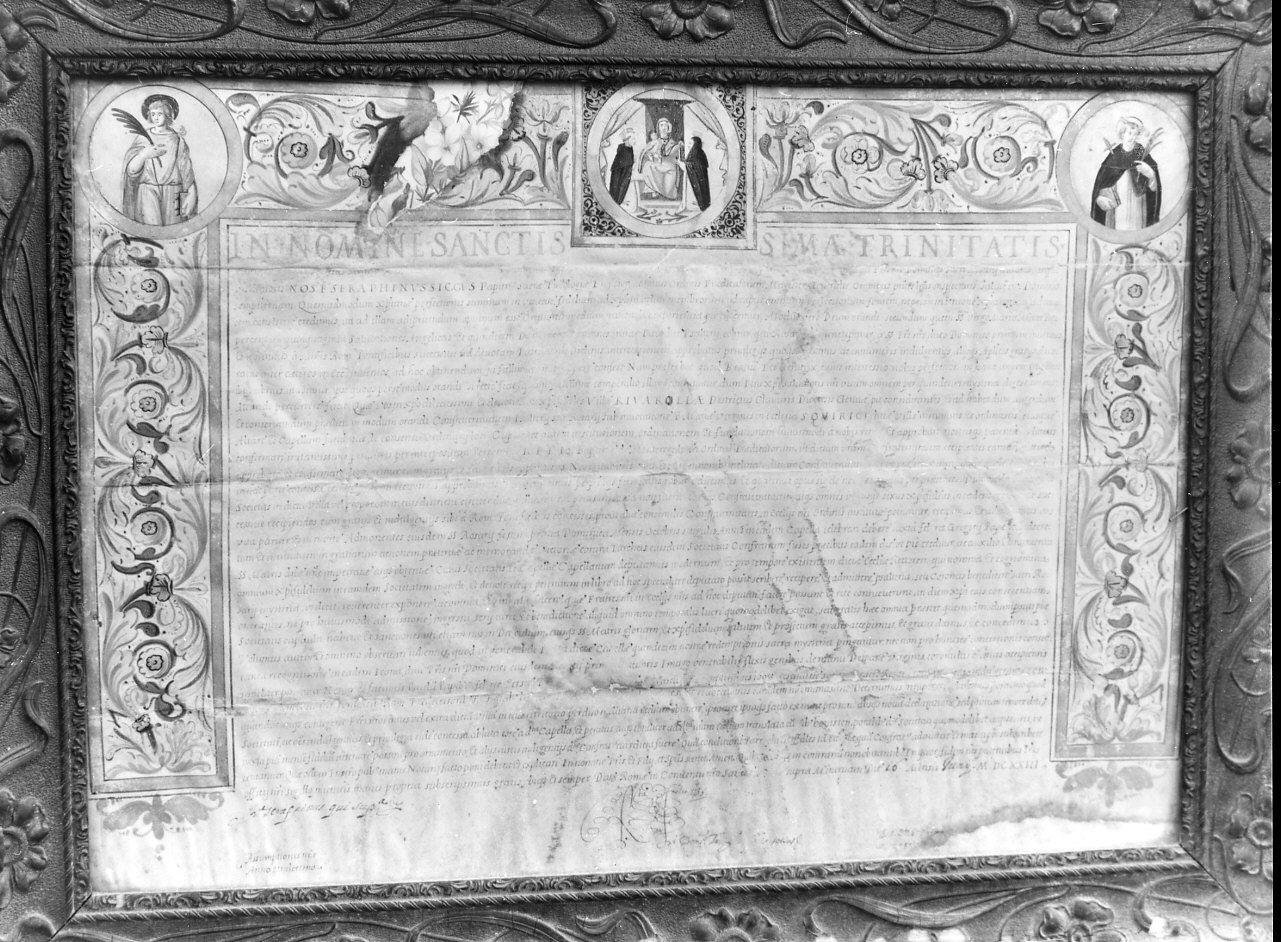 iscrizione/motivi decorativi vegetali/ motivi decorativi geometrici/ Madonna con Bambino che consegna il rosario a due domenicani/ San Pietro martire (?)/ San Quirico (diploma, opera isolata) - ambito romano (sec. XVII)