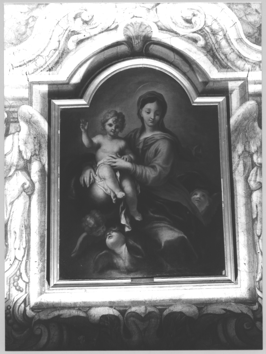 Madonna con Bambino e cherubini (dipinto, opera isolata) di Piola Domenico (bottega) (secc. XVII/ XVIII)