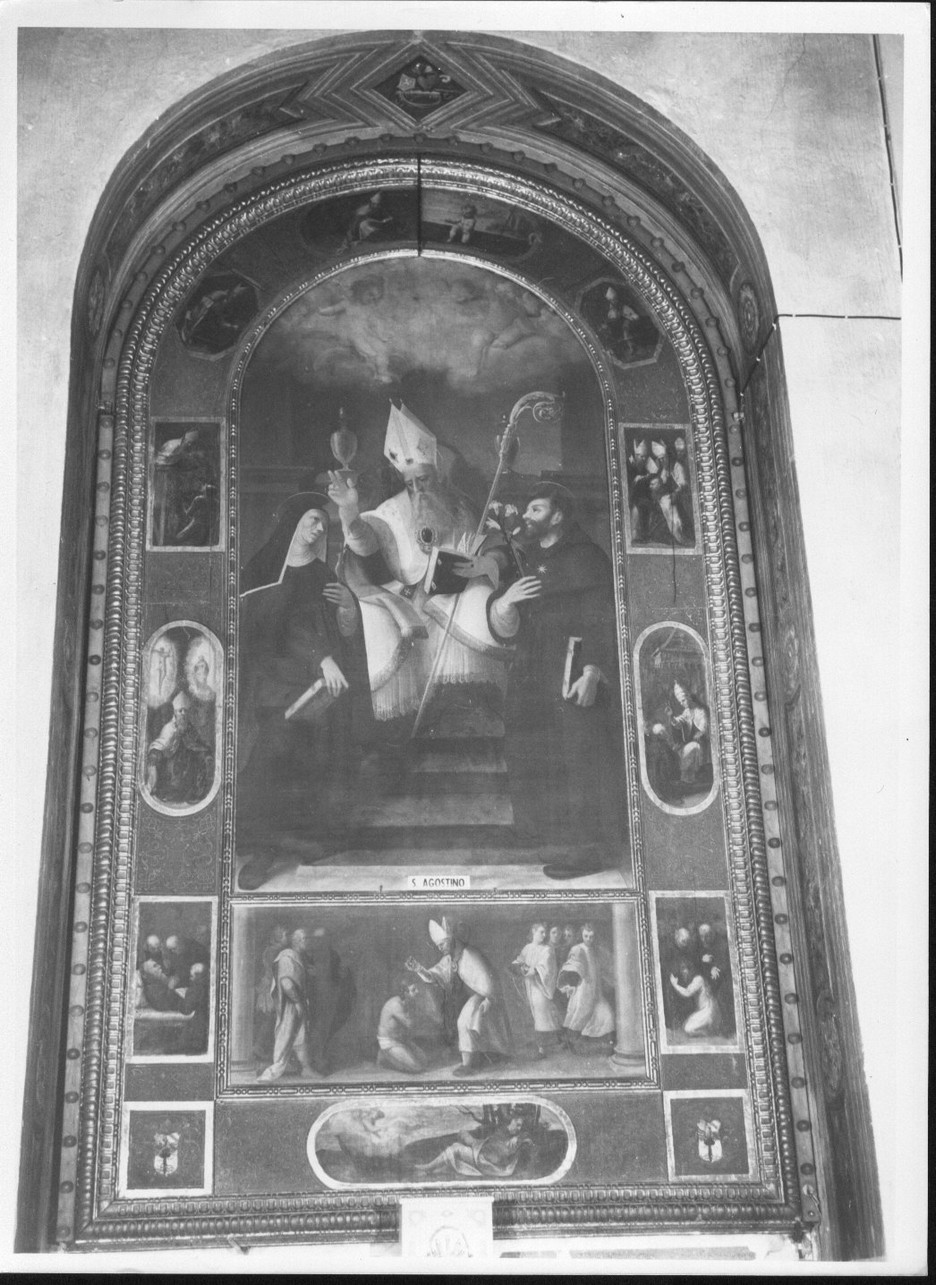 Sant'Agostino, Santa Rita da Cascia e San Nicola da Tolentino/ Sant'Ambrogio battezza Sant'Agostino/ storie della vita di Sant'Agostino (dipinto, insieme) - ambito ligure (fine sec. XVI)