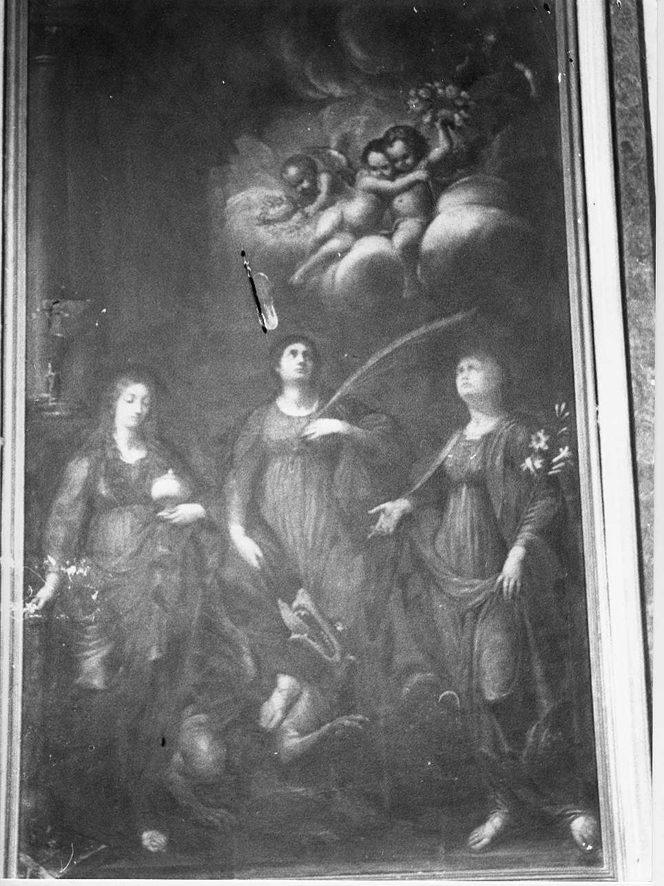 Santa Margherita d'Antiochia tra Santa Maria Maddalena e Santa Marta (dipinto, opera isolata) di Oggero Giovanni Battista (primo quarto sec. XIX)