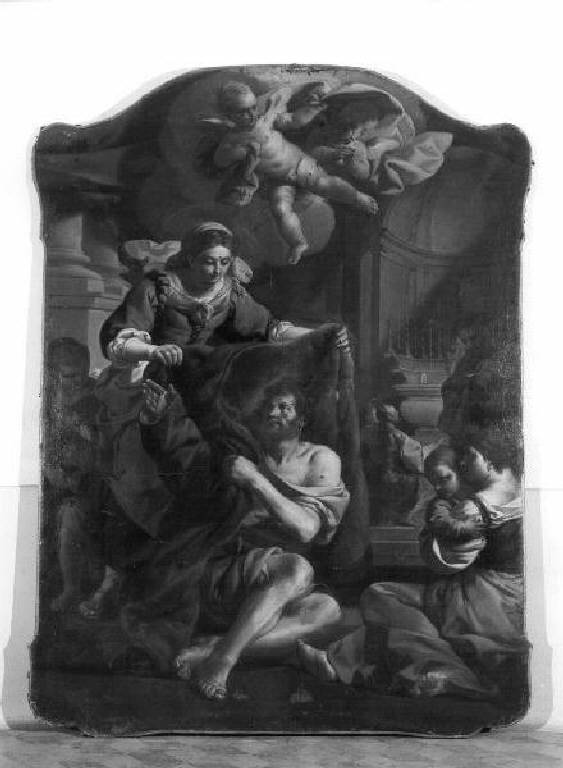 Santa Zita ricopre un povero con il mantello del padrone (dipinto) di Narice Francesco Maria (ultimo quarto sec. XVIII)