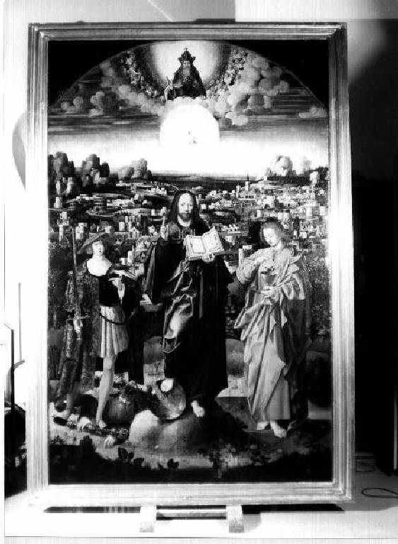 Dio Padre/ Spirito Santo/ Geù Cristo tra San Pancrazio e San Giovanni Evangelista (dipinto) di Isenbrant Adriaen (attribuito) (secondo quarto sec. XVI)