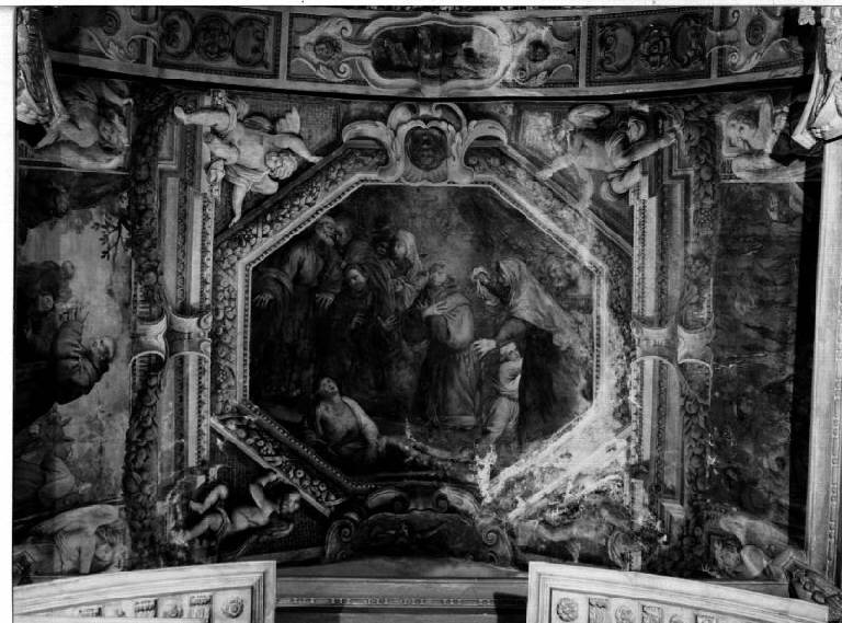 Miracoli di San Bernardino: San Bernardino resuscita un morto/ San Bernardino guarisce un malato/ San Bernardino dona la vita a un fanciullo (dipinto) di Carlone Giovanni Battista (terzo quarto sec. XVII)