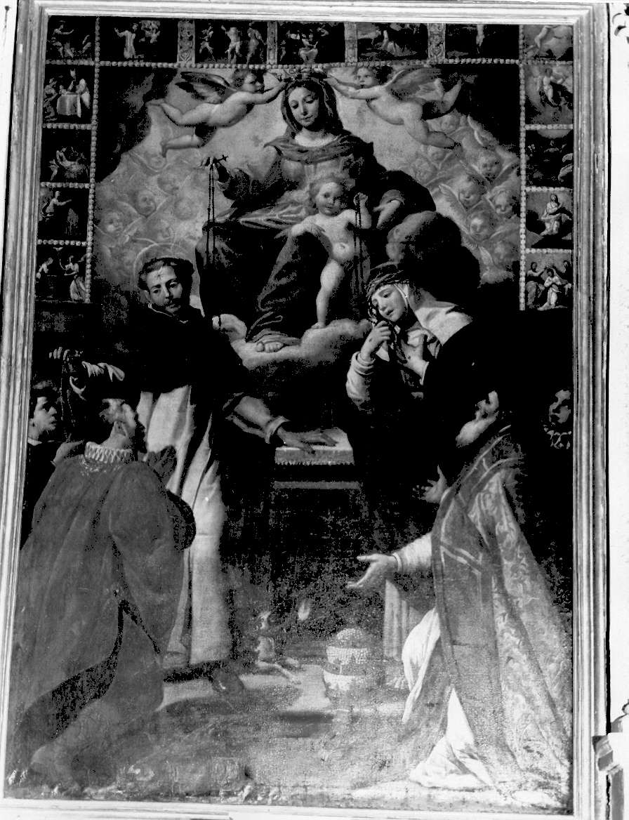 Madonna del Rosario con San Domenico e Santa Caterina, santi e misteri del rosario (dipinto, opera isolata) di Podenzana A (attribuito) (sec. XVII)
