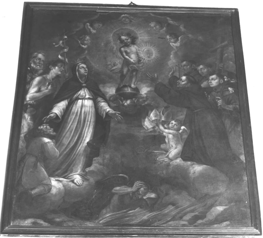 Gesù Bambino come Cristo portacroce tra San Giuseppe, San Giovanni Battista, la Madonna di Savona, San Bernardino da Siena e Santi francescani (dipinto, opera isolata) - ambito italiano (sec. XIX)