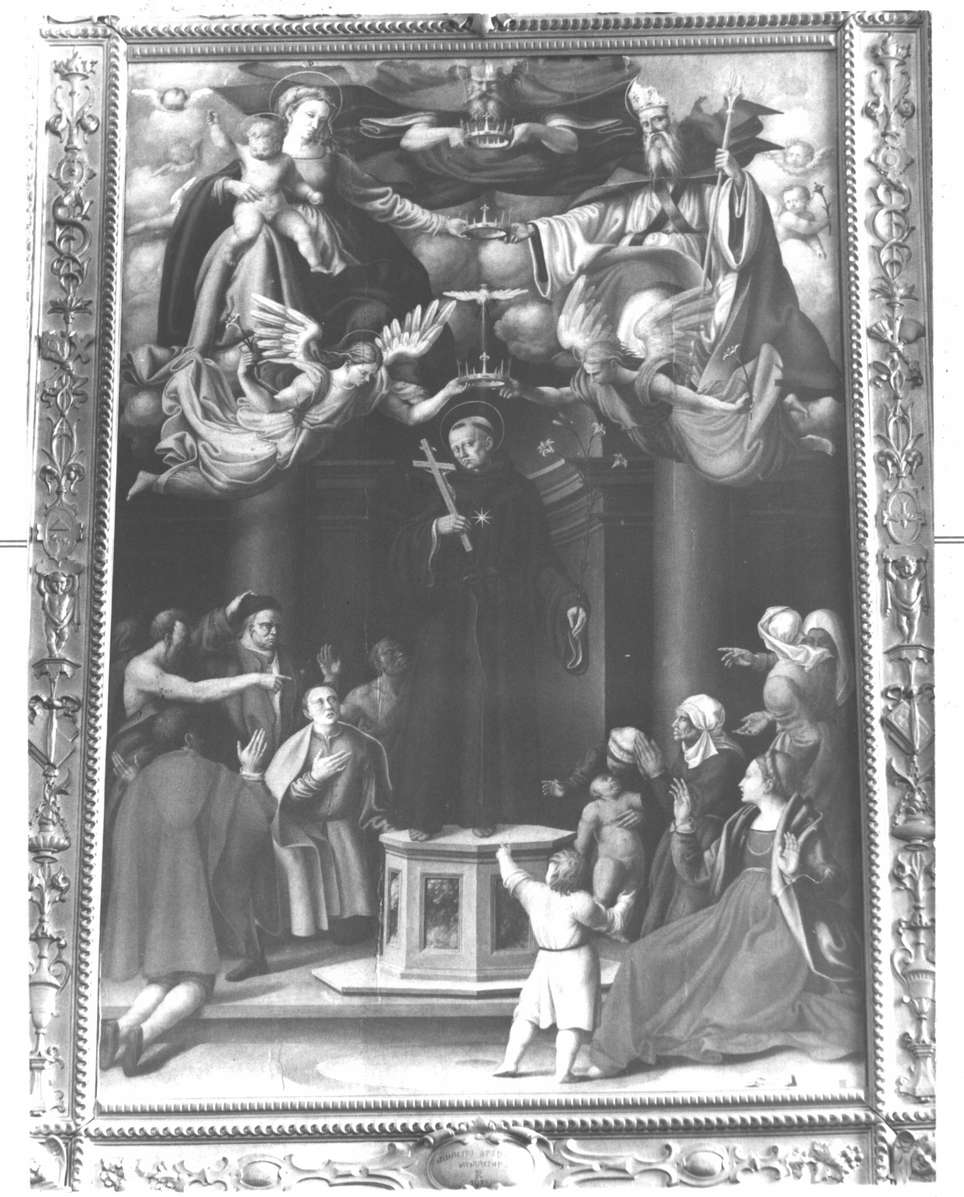 Triplice incoronazione di San Nicola da Tolentino (dipinto, opera isolata) di Antonio da Carpena detto Carpenino (sec. XVI)