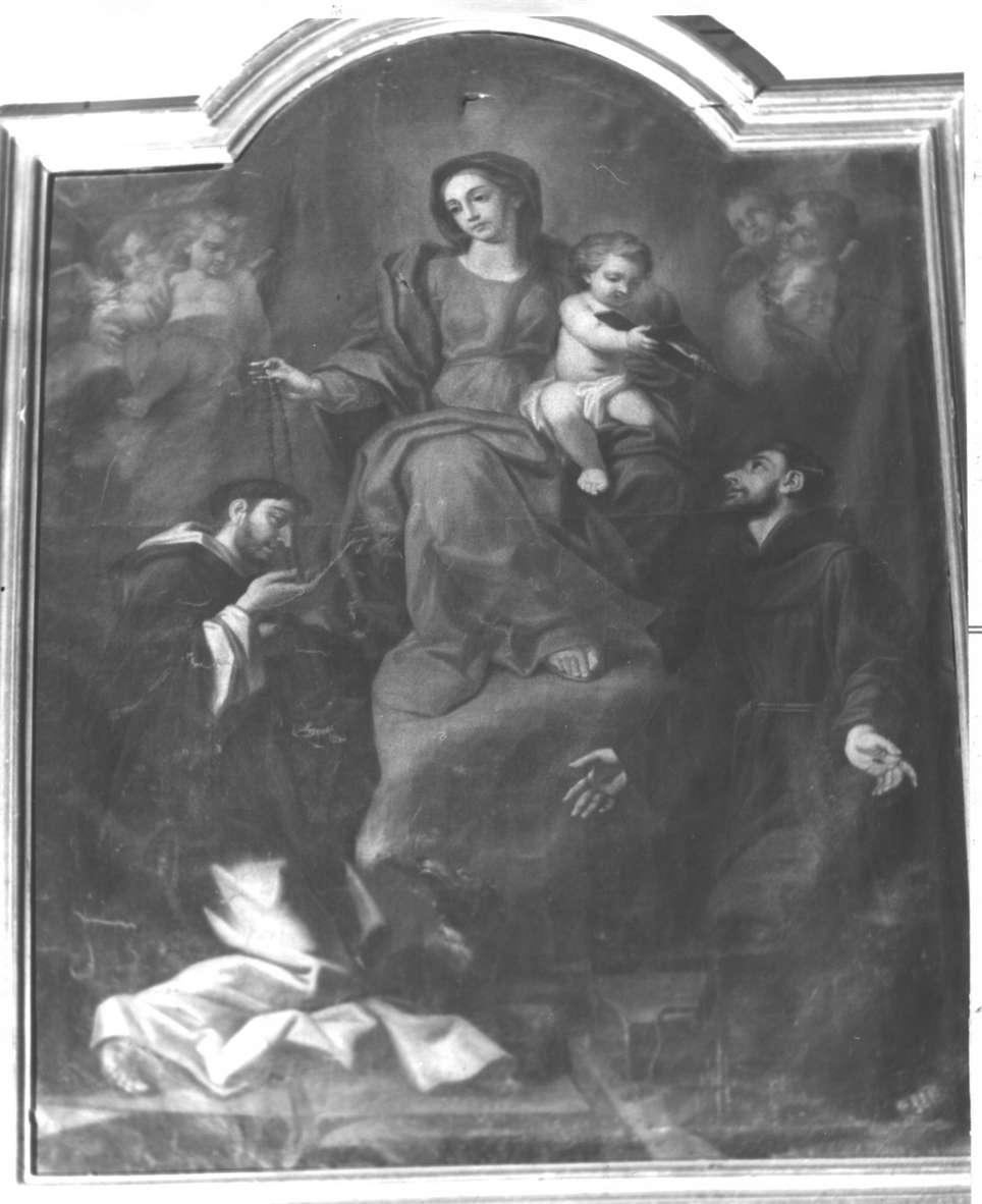 Madonna del Rosario tra San Domenico e San Francesco d'Assisi (dipinto, opera isolata) - ambito italiano (sec. XVIII)