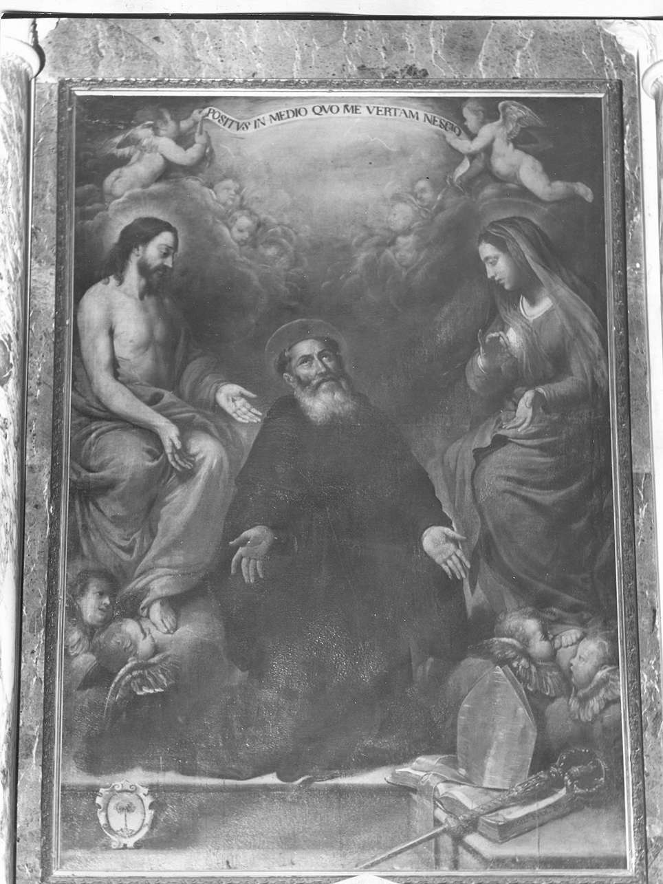 Sant'Agostino tra Cristo e la Madonna (dipinto, opera isolata) di Fiasella Domenico detto Sarzana (metà sec. XVII)