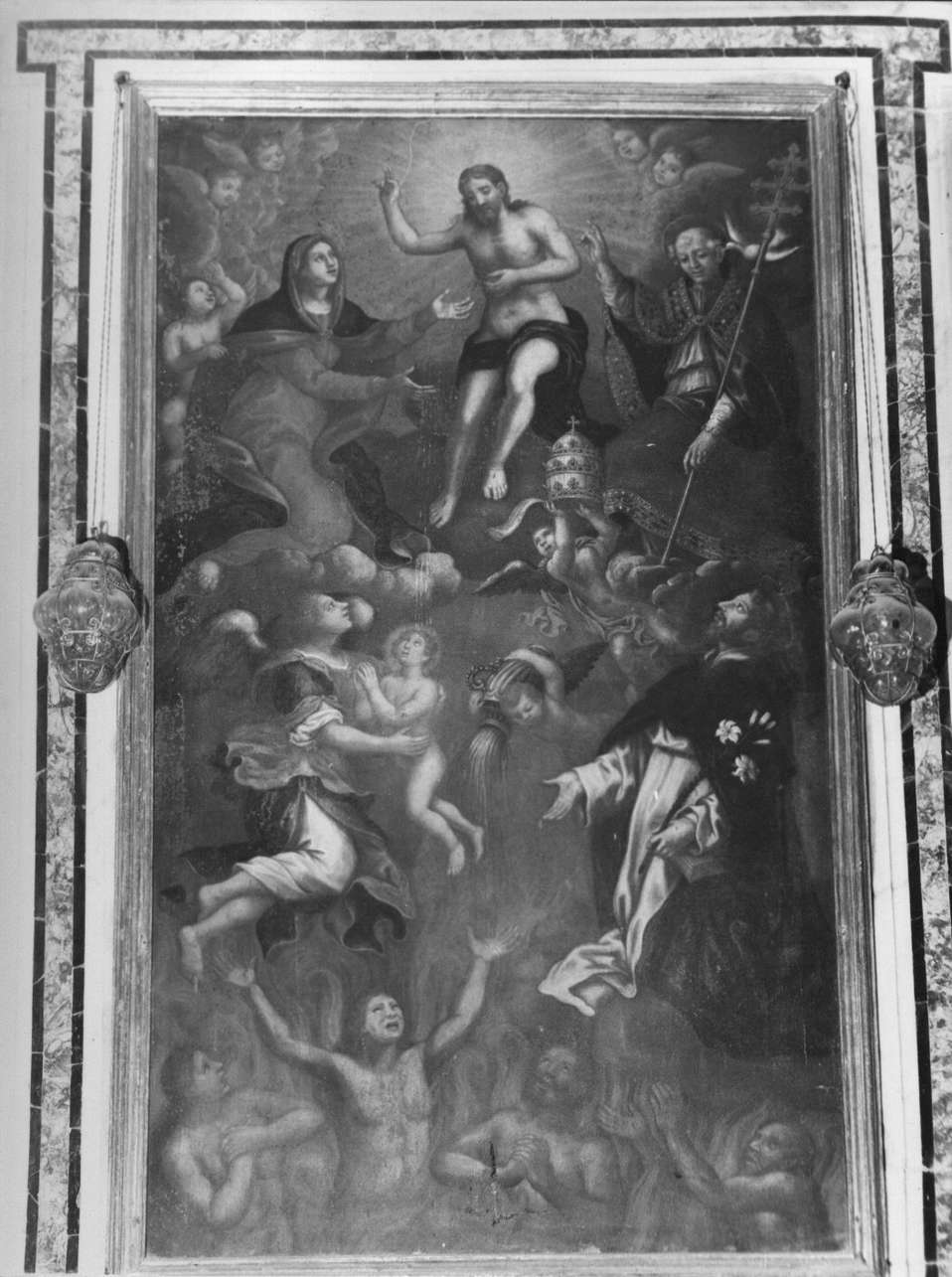 Madonna e Santi che intercedono per le anime del purgatorio presso Cristo Giudice (dipinto, elemento d'insieme) - ambito italiano (sec. XVIII)