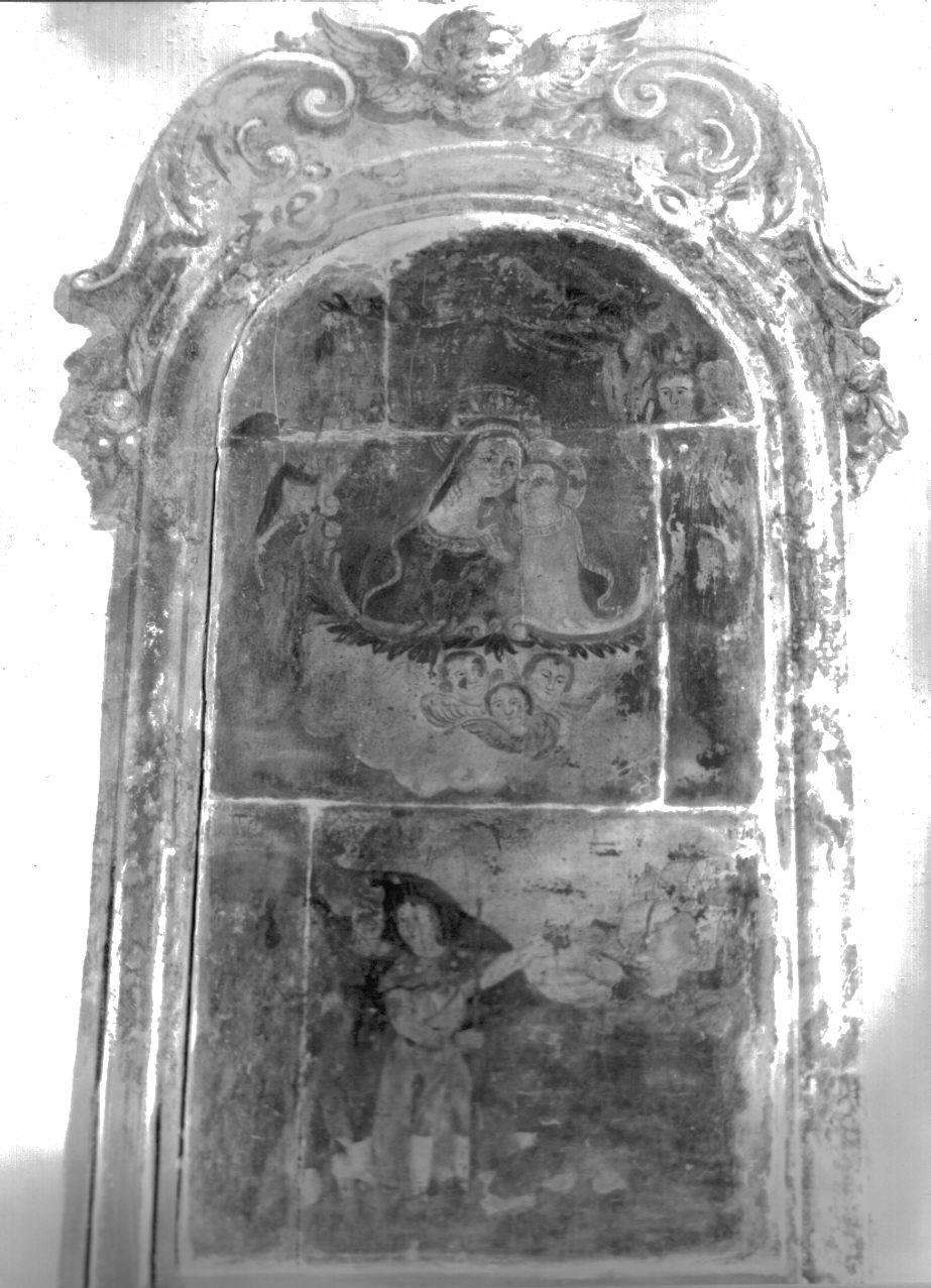 Madonna col Bambino tra gli angeli e l'arrivo miracoloso della navicella col Preziosissimo Sangue di Cristo, Madonna con Bambino e altri personaggi (dipinto, opera isolata) - ambito italiano (secc. XVII/ XVIII)