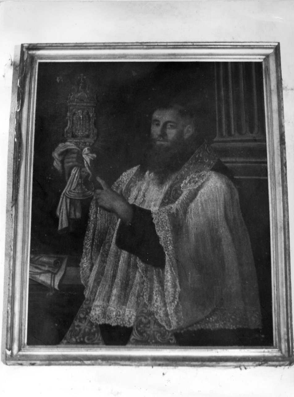 Religioso che mostra la reliquia del Preziosissimo Sangue (dipinto, opera isolata) - ambito genovese (fine/inizio secc. XVII/ XVIII)