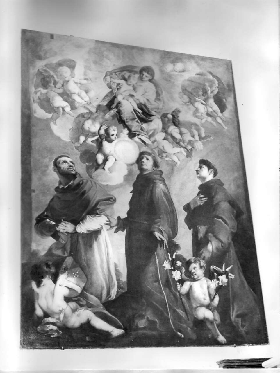 Madonna con Bambino con San Carlo Borromeo, San Bernardino da Siena e Sant'Antonio da Padova (dipinto, opera isolata) di Maffei Francesco (metà sec. XVII)