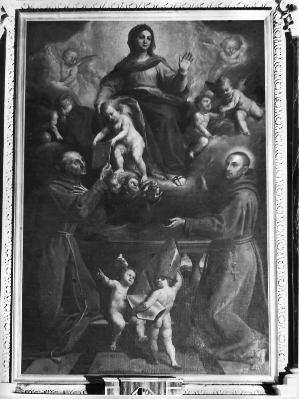 Madonna con Bambino tra San Bernardino e San Salvatore da Horta (dipinto, opera isolata) di Fiasella Domenico detto Sarzana (sec. XVII)