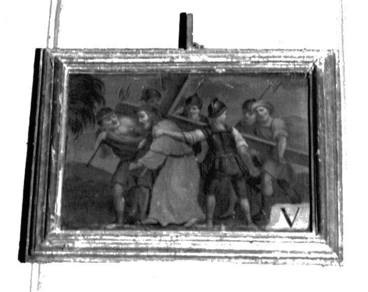 stazione V: Gesù aiutato da Simone il Cireneo a portare la croce (dipinto, elemento d'insieme) - ambito italiano (secc. XVIII/ XIX)